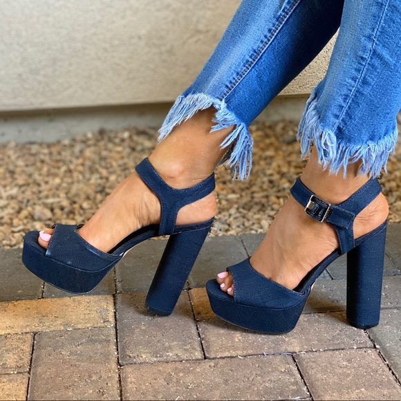 Denim Blue Distressed Towering Platform Sandal - Picture 2 of 12